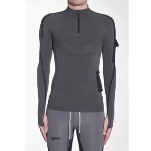 OFF WHITE X ACTIVE PERFORATED GREY FITTED SEAMLESS MOC SPORT ZIP SHIRT SIZE M